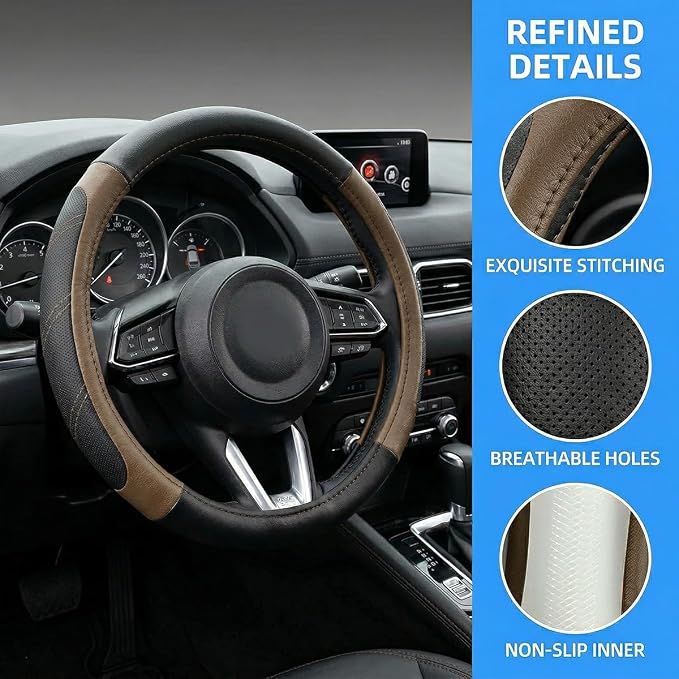 Osilly Car Steering Wheel Cover, 14.5-15" Leather Breathable Anti-Slip Stylish Steering Wheel Protector, Comfortable Auto Interior Decoration Accessories, Universal for SUV Van Truck (Black Brown)