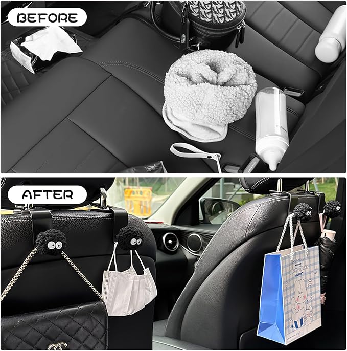 Car Seat Headrest Hook, Soot Sprites Purse Hook Holder Cute Car Storage Organizer Universal Vehicle Hanger for Hanging Handbag Grocery Bags (4 Pack)