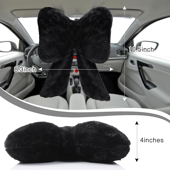 Macarrie 2 Pcs Black Car Neck Pillow Plush Butterfly Bow Car Headrest Pillow Comfortable Seat Neck Support Cute Head Rest Accessories for Driving Travel Driver Chair Girl Interior Decor(Solid)