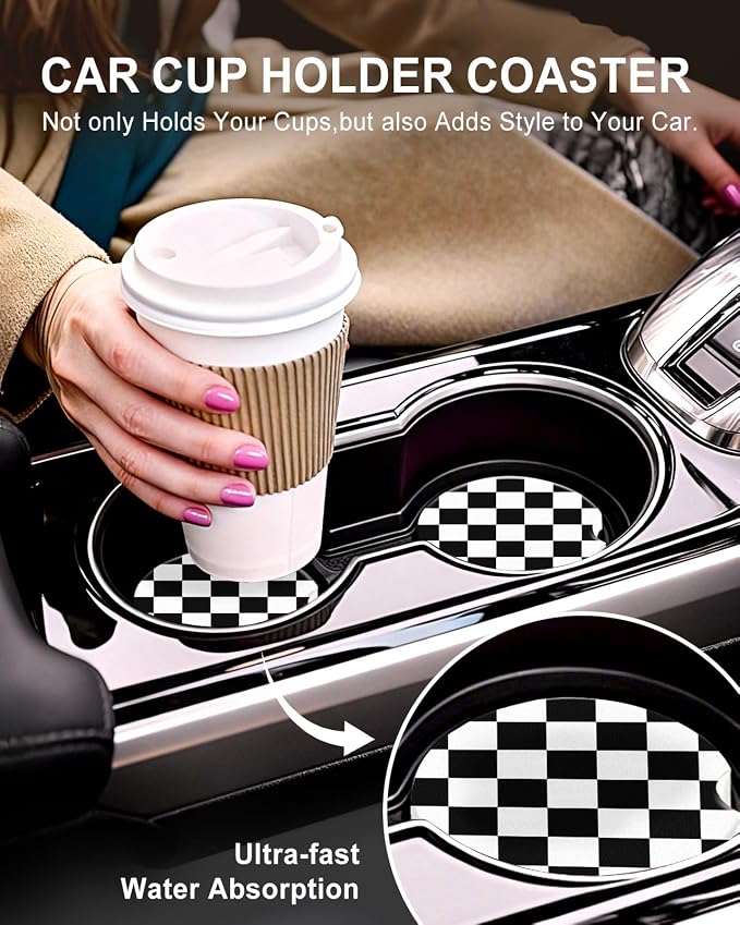 Swooflia Car Coasters for Women - Black and White Checkered Ceramic Car Cupholder Coaster Absorbent Mat Coaster with Cork Base 2 Pack 2.55 inch Automotive Cup Holder Accessories New Driver Gifts