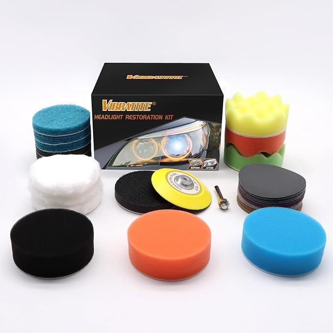 VIBRATITE 41PCS Headlight Restoration Kit, 3" Drill Sanding & Polishing Kit | Removes Cloudy Headlights, Oxidation, Yellowing and Minor Scratches, Restorer to Like-New Condition