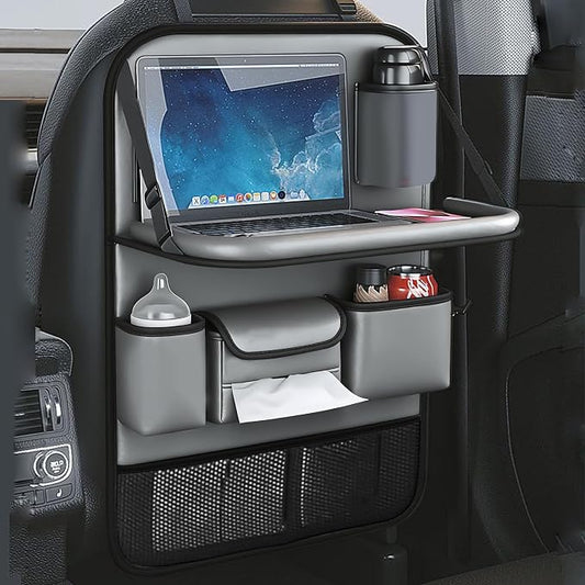 Waterproof PU Leather Car Seat Back Organizer with Foldable Tray Table, Backseat Organizer with Tablet Holder, Cup Holder, Tissue Holder and Kick Mat for SUV Sedan Minivan, Gray