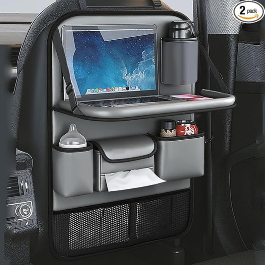 2 Pack Leather Car Backseat Organizer with Foldable Table Tray, Universal Car Seat Back Protector Kick Mat with Touchscreen Tablet Holder, Storage Pockets, Cup Holders & Tissue Holder, Black