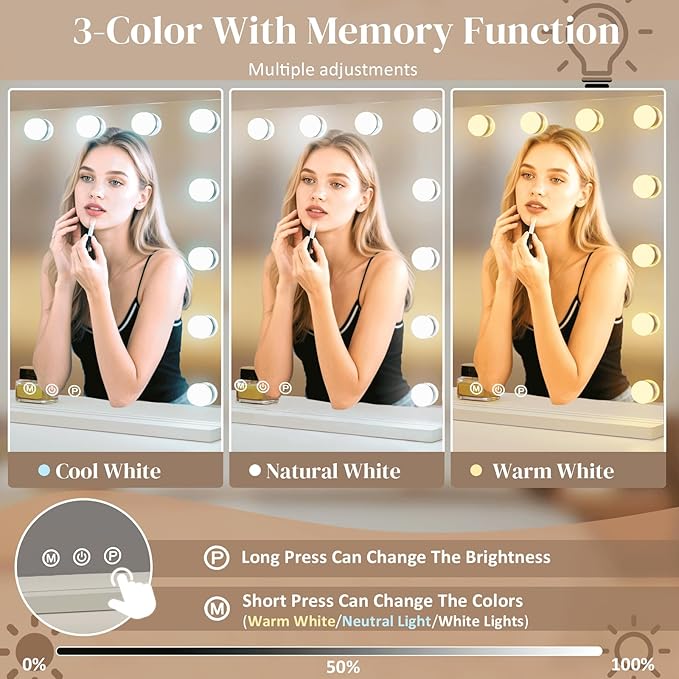 Hollywood Vanity Mirror with Lights, 15 Light Bulbs，3 Color Lights，Make Up Lighted Mirror, Aluminum Metal Frame,USB Charging Port（23" x 18"）