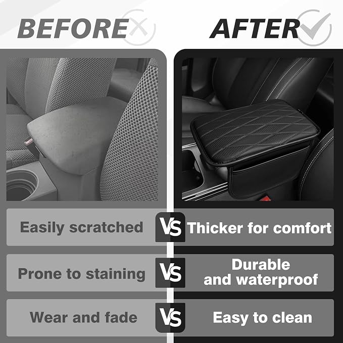Muslogy Center Console Armrest Cover Fit for Most Vehicle SUV Sedan Universal Accessories, Comfort Armrest Pad Console Lid Cushion Vegan Leather Regular Thick (w/Side Pockets)