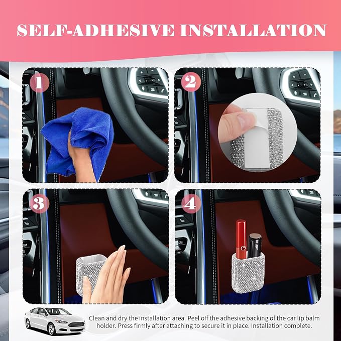 Bling Chapstick Holder for Car with Rhinestone,Portable Car Chapstick Holder as Chapsticks Organizer,Self-Adhesive Cars Lip Balm Holders Cars Interior Accessories for Women (White)