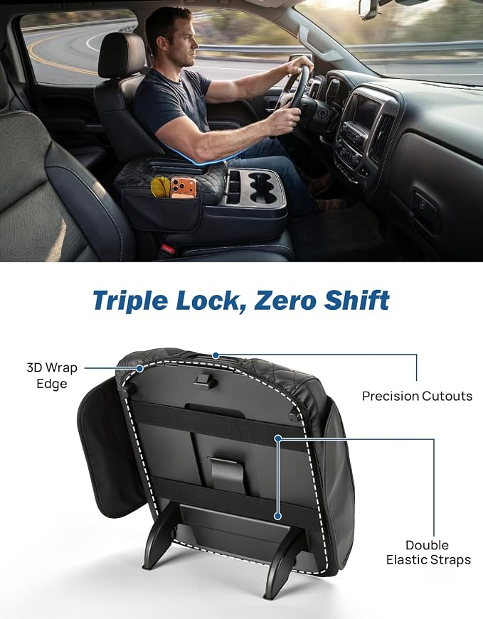 JOYTUTUS Center Console Cover Compatible with Silverado Sierra 2014-2018 Jump Seat, Leather Arm Rest Armrest Cover for Car, Durable Middle Console Cover Replacement for Trucks, with 2 Pocket