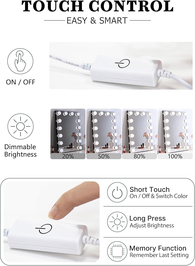 Waneway 14 Bulb Vanity Lights for Mirror, Plug-in Power Adapter & Touch Dimmer, 6,000K, 1350 Lumens (Mirror Not Included)