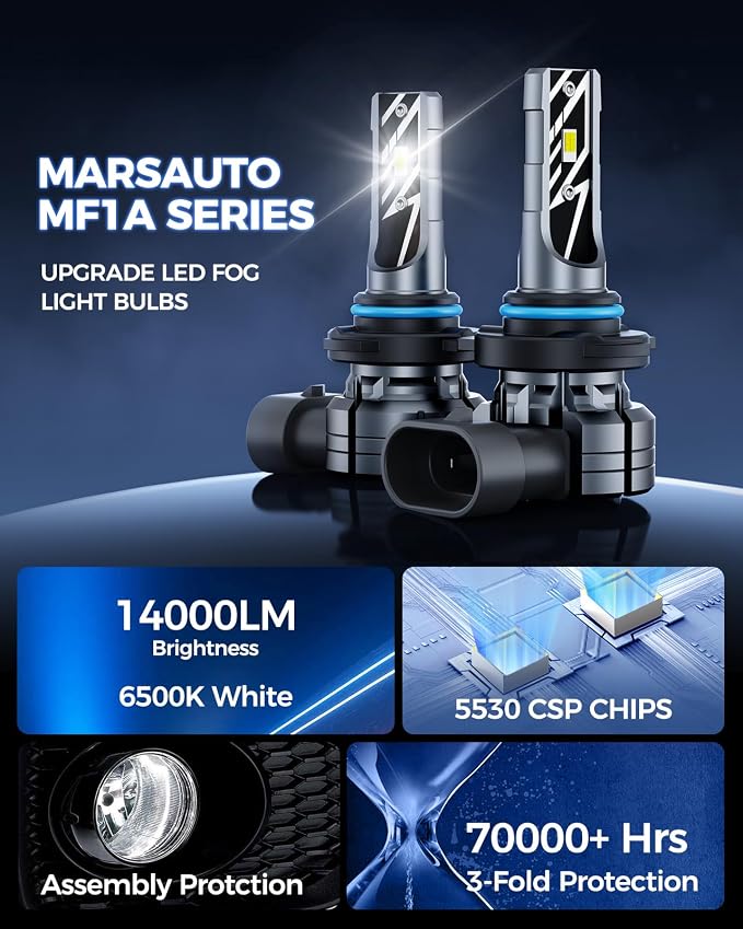 Marsauto 9145 H10 LED Fog Light Bulbs, 14,000LM 6500K Cool White H10 9140 9145 LED Bulb Fog Lights, Non-Polarity, 70000HRS Lifespan 9145 Fog Light Bulbs for Fog Lights and DRL, Pack of 2