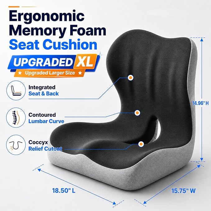 Ergonomic Memory Foam Seat Cushion with Back Support, Office Chair Cushion | L-Shaped Integrated Design with Lumbar Support and Tailbone Cutout for Office, Car, Home Chairs (Large Comfort - Black)
