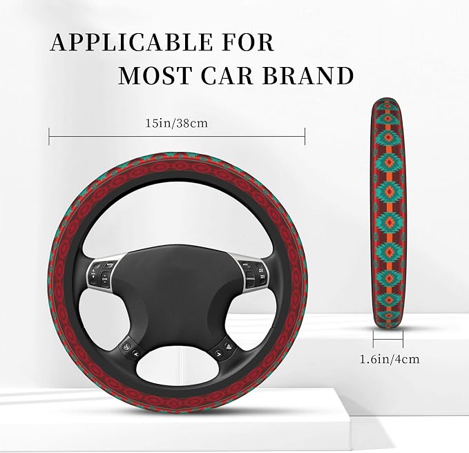 Red Southwestern Steering Wheel Cover for Women Men Girls, Universal 15 Inch Anti Slip Steering Wheel Protector Car Accessories Interior for Auto Truck SUV