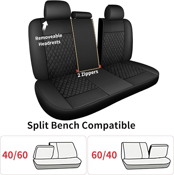 HChengkikz Faux Leather Full Set Car Seat Covers, Front & Split Rear | Bench Seat Protectors, Easy to Install Universal Fit for Sedans, Trucks, Vans, SUVs Automotive Interior Accessories