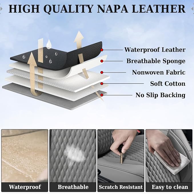 Coverado Chevy Chevrolet Silverado GMC Sierra Seat Covers Full Set, Fit for 2007-2013 & 2019-2026 1500, 2020-2026 2500HD 3500HD Crew Double Extended Cab, Faux Waterproof Leather Seat Covers (Gray)