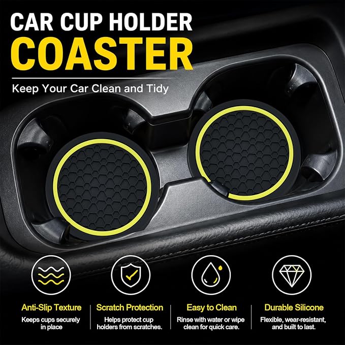 4PCS Car Cup Holder Coasters - 2.75 Inch Non-Slip Insert Water Bottle Holder Pads, Dustproof Automotive Interior Accessories Mat, Universal for Vehicles, Trucks, RVs (Yellow)