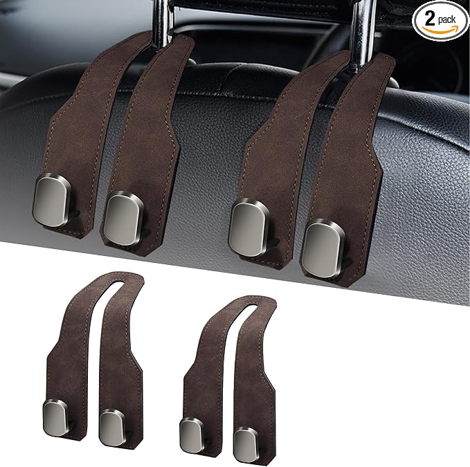 Car Seat Headrest Hooks for Purses and Bags, 2 Pack Bag Purse Holder for Car With Double Metal Hooks, Car Purse Hanger, Headrest Back Seat Handbags Hook Cute Hanging Accessories, Brown
