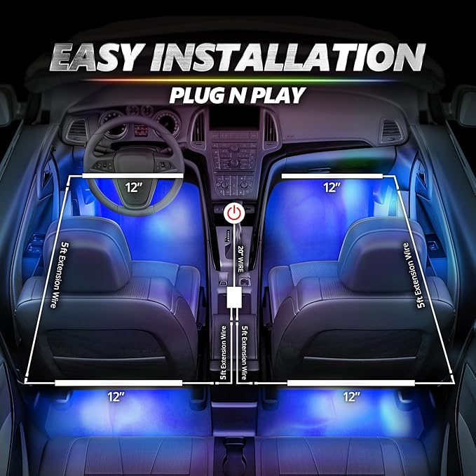 OPT7 Aura Pro Multicolor Interior Car Lights with App & Remote, 4PC LED Kit | Interior Ambient Glow, Music Sync Lighting, 12V Car Charger, RGB LED Light Strips, SUV Under Dash Decor