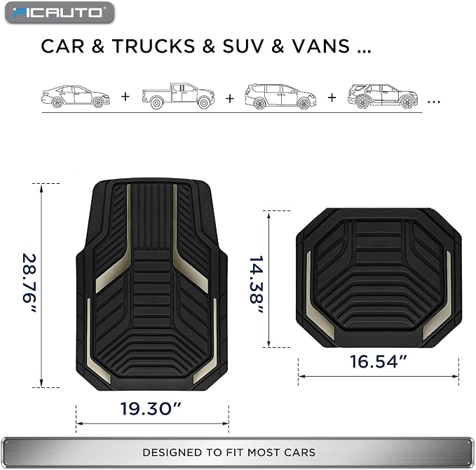 PIC AUTO Heavy Duty Rubber Floor Mats, Gray Aluminum Film Car Mats Set, Front and Rear Car Mats with Anti-Slip Backing, All Weather Protection, Trim-to-Fit for Automotive SUV, Sedan, Van