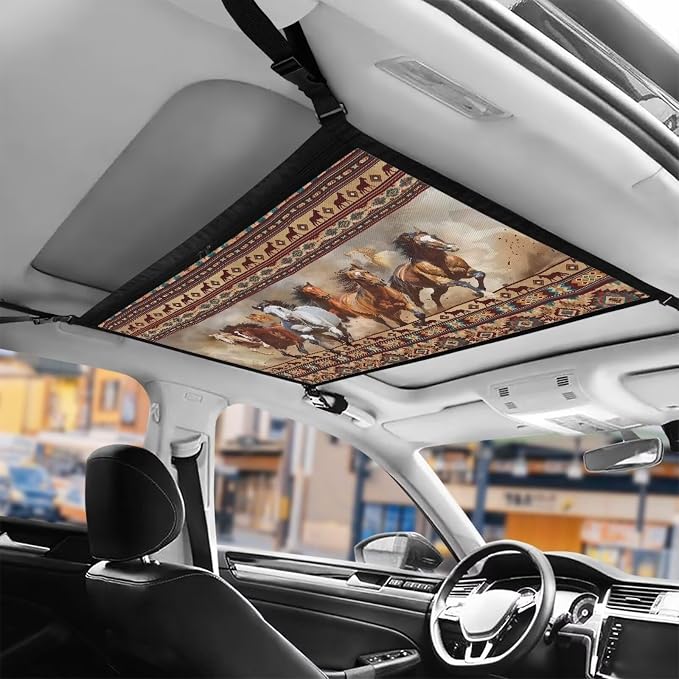 Dreaweet Aztec Horse Car Ceiling Cargo Net Pocket,Adjustable Car Ceiling Storage Net Double-Layer Car Roof Organizer with Zipper,Car Camping Accessories Cargo Net for SUV Mini Van Truck
