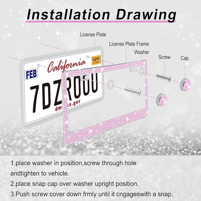 GaRhomxy Bling License Plate Frames for Women, 1 Pack Handcrafted Sparkly Rhinestone Car Accessories, Premium Stainless Steel Frame with 1000+ Faceted Glass Crystals & Free Glitter Caps (Pink)