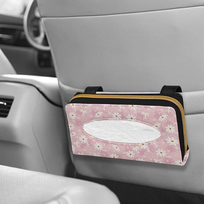 Leather Automotive Visor Tissue Holder Daisy Pattern Rectangular Sun Visor Napkin Hodler Universal Tissue Box for Car Offices Pink