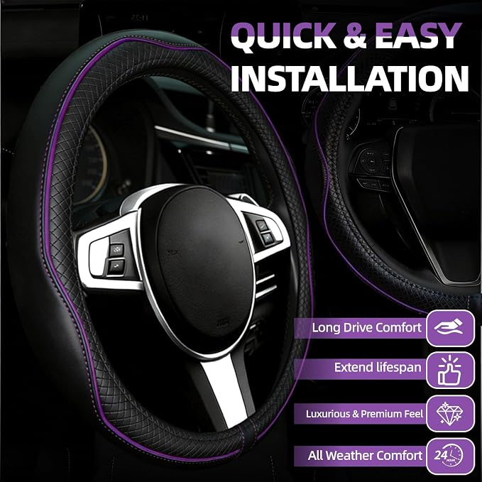 NBTEPEM Microfiber Steering Wheel Cover and Waterproof Car Floor Mats, Universal Fit Most Truck, SUV, Cars, 14.5-15inch Sporty Steering Wheel Covers with Anti-Slip Lining (Black with Purple line)