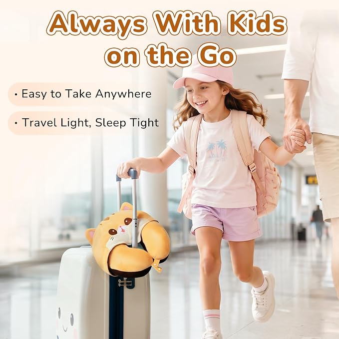 Certified to ASTM & CPSIA Standards–Kids Travel Neck Pillow with Hood,Memory Foam Airplane Pillow,Double-Sided, Cute Design, Cooling Ice Silk & Soft Plush, Adjustable, Portable & Washable for Flights
