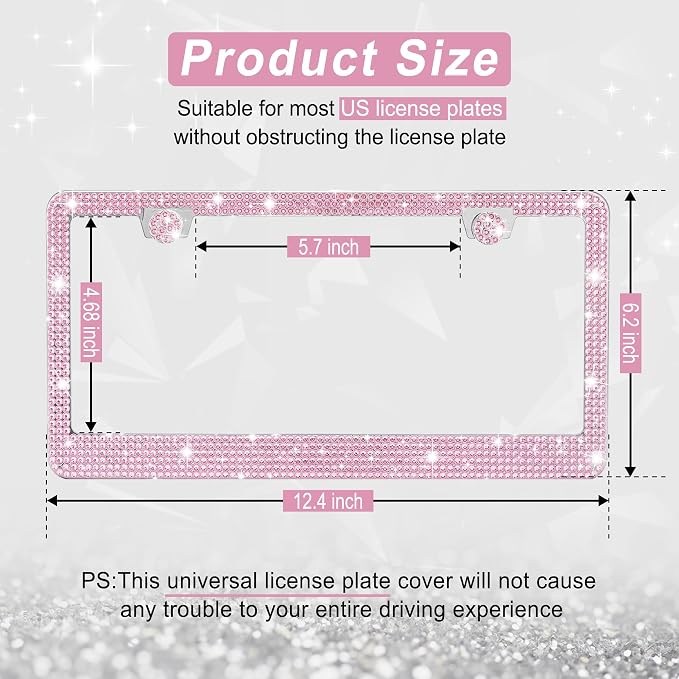 Amiss Bling License Plate Frame for Women, 2Pack Rhinestone Handcrafted Crystal Premium Stainless Steel, Stainless Steel Car Accessories with Diamond Sparkle Glitter Caps (Pink)