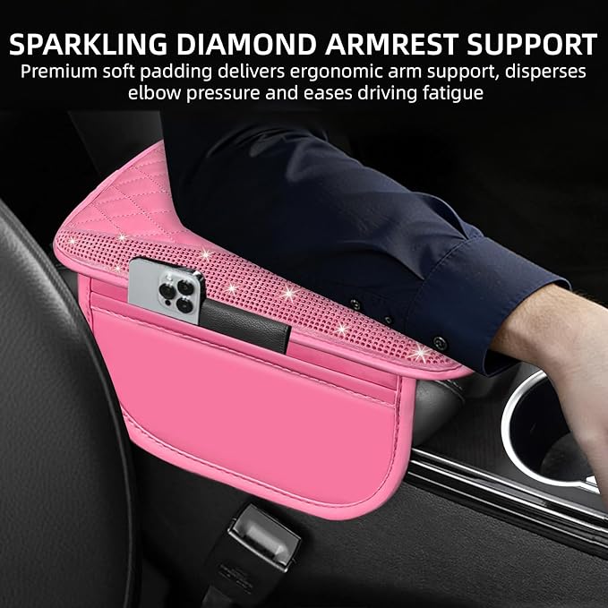 NBTEPEM Bling Pink Car Center Console Cover, Leather Middle Console Cover with 2 Storage Bags, Universal Arm Rest Cover Protector, Bling Car Accessories Interior Fit for Most Vehicles, Pink Leather