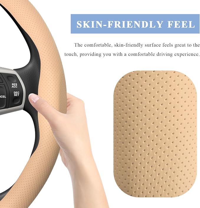 Steering Wheel Cover, 15 Inch Anti-Slip Breathable Steering Wheel Protector Auto Interior Decor, Heat-Resistant Comfort Grip Wheel Cover Universal for Most Cars Trucks SUVs (Beige)