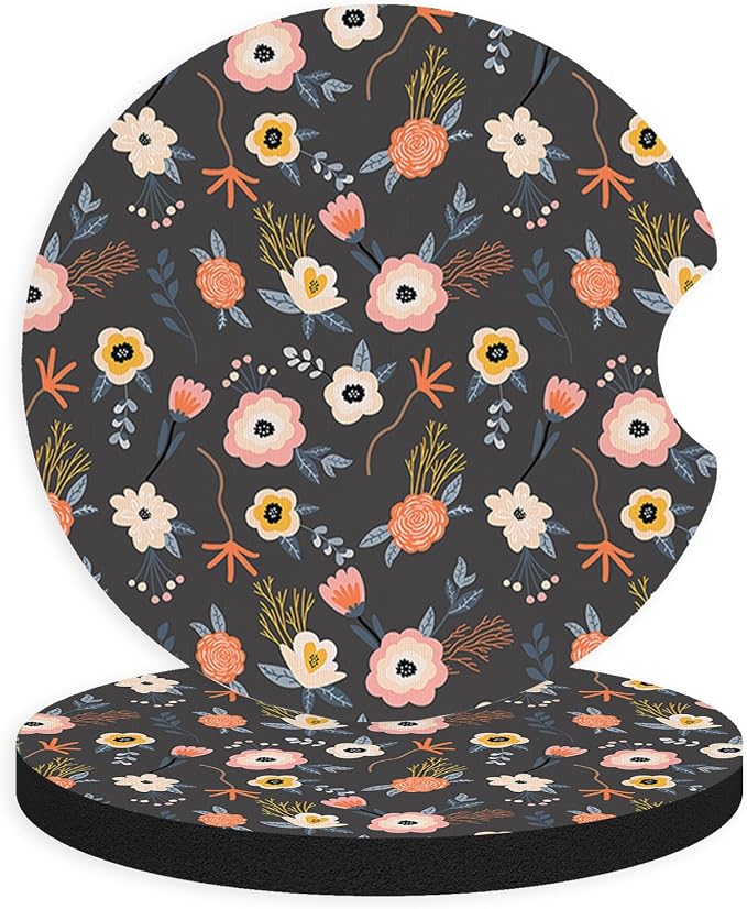 2pcs Cute Red Flowers Car Coasters,Absorbent Universal neoprener Cup Holder Coasters with a Finger Notch,Car Accessories for Women&Man Interior，2.75" 5