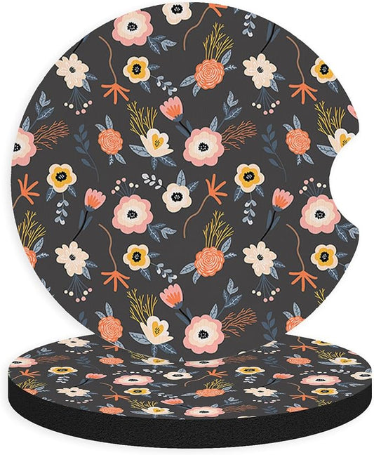 2pcs Cute Red Flowers Car Coasters,Absorbent Universal neoprener Cup Holder Coasters with a Finger Notch,Car Accessories for Women&Man Interior，2.75" 5