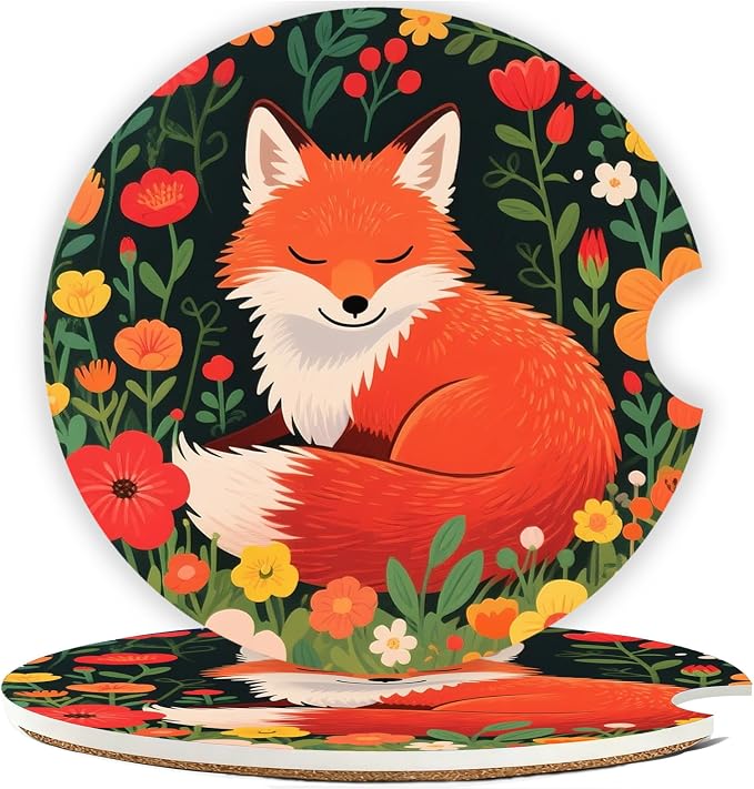 Car Cup Holder Coaster Set of 2, 2.56 in Ceramic Coasters, Scratch-Resistant Cork Backing, Finger Groove Design for Easy Placement, Cute Car Accessories Interior for Women (Red Fox)