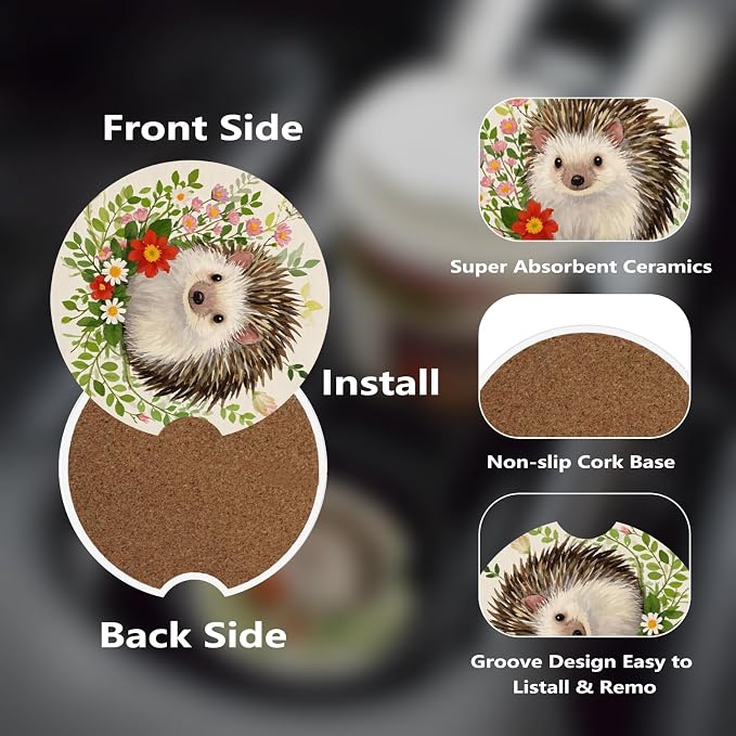 Ceramic Car Cup Coasters 2PCS - Hedgehog | with Cork Back & Finger Slot, Anti-Slip Shock Absorbing, Universal Car Interior Accessories for Men Women