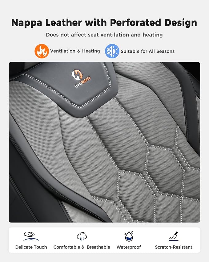 Huidasource Front Seat Covers, Universal Fit for Most Cars SUV Trucks, Full Coverage Leather Seat Cover, Airbag Compatble, Seat Function Retain, Storage Pocket Design, Easy to Install, Black & Gray