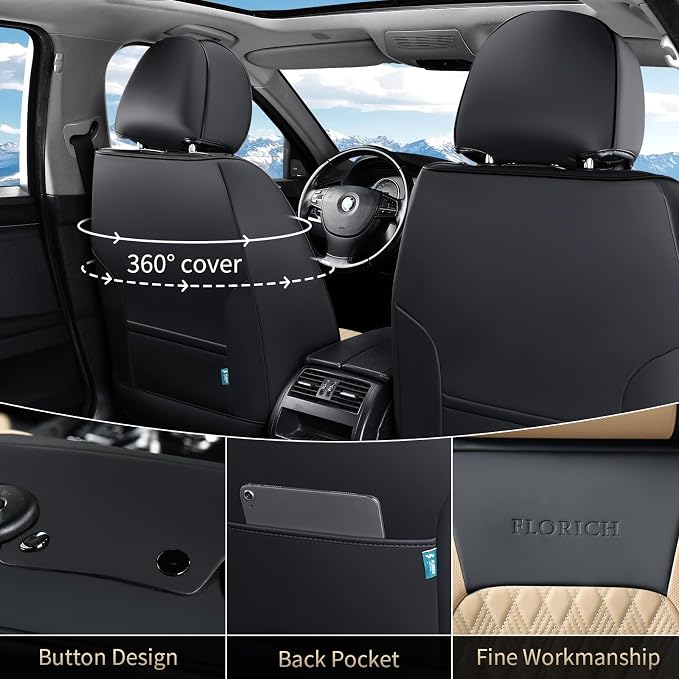 FLORICH Seat Covers, Car Seat Covers Front Seats, Luxury Nappa Leather Seat Covers, Breathable and Waterproof Car Seat Protector 2 Seat, Automotive Seat Covers Universal for Most Cars-Black&Beige