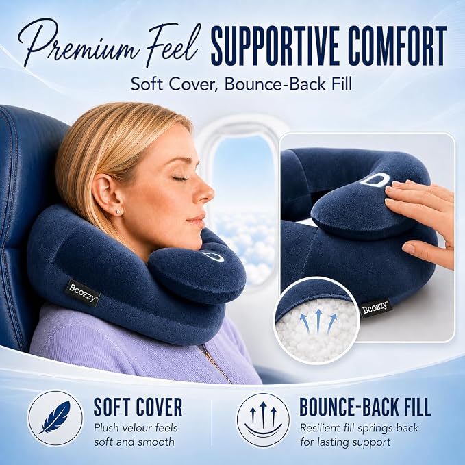 BCOZZY Flat Back Travel Neck Pillow – Patented Neck Pain Relief & Support for Head, Neck, and Chin. Ideal for Airplanes, Long Flights, Car Rides. Adjustable, Washable, with Carry Bag. Large, Navy