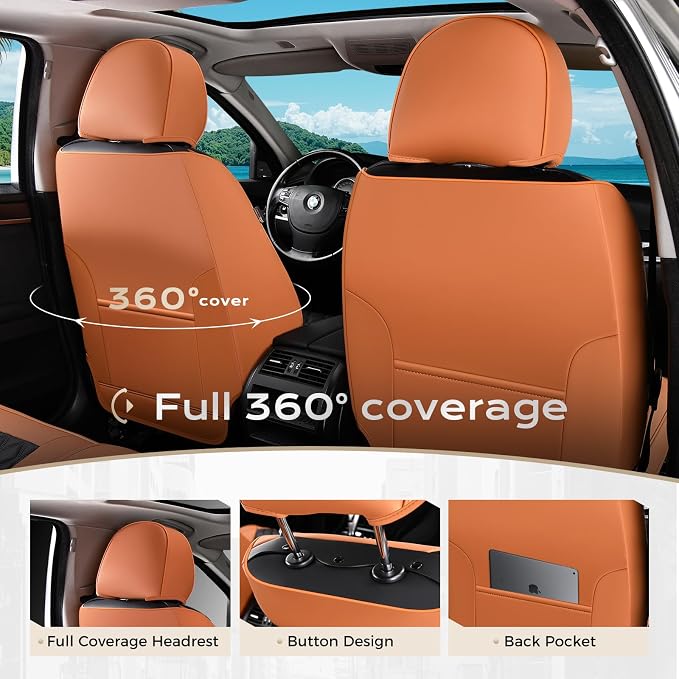 Coverado Universal Car Seat Covers Full Set, Vintage-Style Soft Waterproof Faux Leather Front & Rear Seat Protectors, Comfortable Anti-Stain Interior for Most Vehicles – BrownBlack