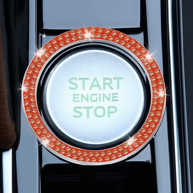 LivTee 2 PCS Crystal Double Rhinestone Car Engine Start Stop Decoration Ring, Bling Car Interior Accessories for Women, Push to Start Button Cover Sticker, Automotive Decals, Reddish Orange