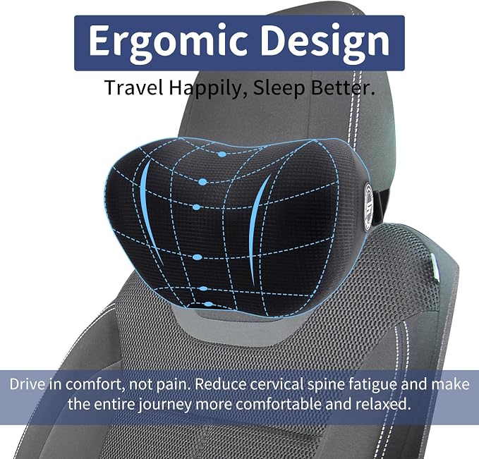 2 Pack Car Headrest Pillow, Soft Support Car Pillow with Adjustable Strap | 100% Memory Foam & Breathable Removable Cover, Ergonomic Design, Universal Neck Pillow for Car & Office Chairs(2 Sleep Masks)