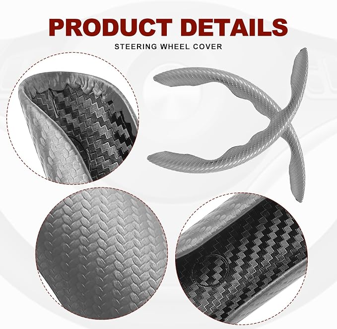 Universal Fit Carbon Fiber Steering Wheel Cover, Segmented Steering Wheel Protector, Carbon Fiber Anti-Skid Steering Wheel Cover Car Interior Accessories (2 Pcs Grey)