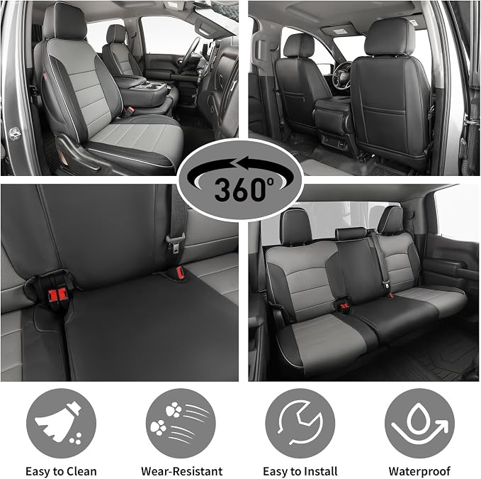 EKR Silverado Seat Covers Custom Fit for (Double Cab) 2019-2026 Chevrolet Silverado 1500/1500 Limited/HD 2500/3500, Rear Row W/No Armrest,Faux Leather(Black/Gray)