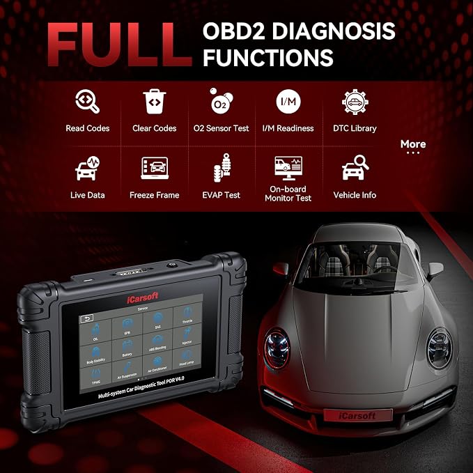 iCarsoft POR V4.0 Bidirectional Diagnostic Tool for Porsche + 2 Car Make Groups, OBD2 Scanner with Actuation Test, 28 Services Battery Registration,Support CAN-FD-Free Update