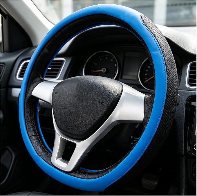 Sun Walker Steering Wheel Cover, Breathable Leather Steering Wheel Covers with Perforated Sides, Anti-Slip Comfortable Grip Auto Sleeve for 14.5-15 Inch Wheels, Car Accessories (Blue)