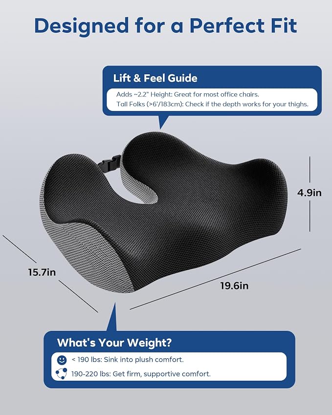Feagar Seat Cushion for Office Chair - Memory Foam Tailbone Cushion for Desk Chair, Car Seat and Wheelchair - Ergonomic Chair Pad for Hip and Lower Back Comfort Gray | Seat Cushion for Tailbone Pain Relief - for Desk Chair, Car& Wheelchair Car Seat Pad...
