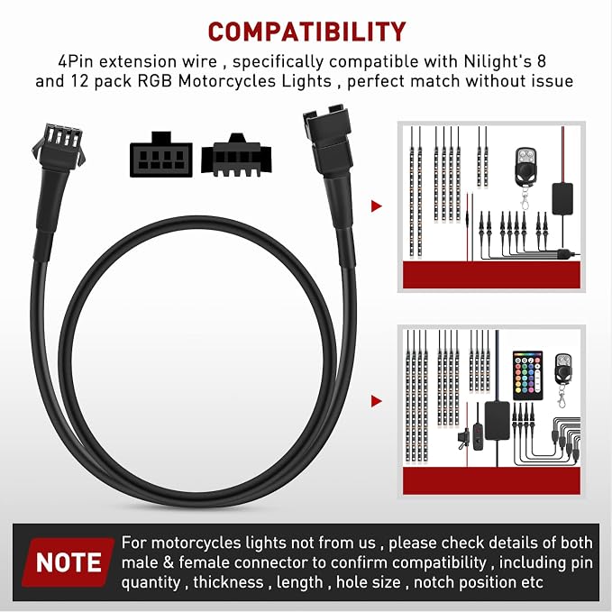 Nilight Extension Cable for Motorcycle LED Strip Lights 4PCS 2 Feet Extension Cords 3PCS 2 Way Y Splitter 4PIN Extension Cord for Underglow Neon Accent Light Strips Rock Lights