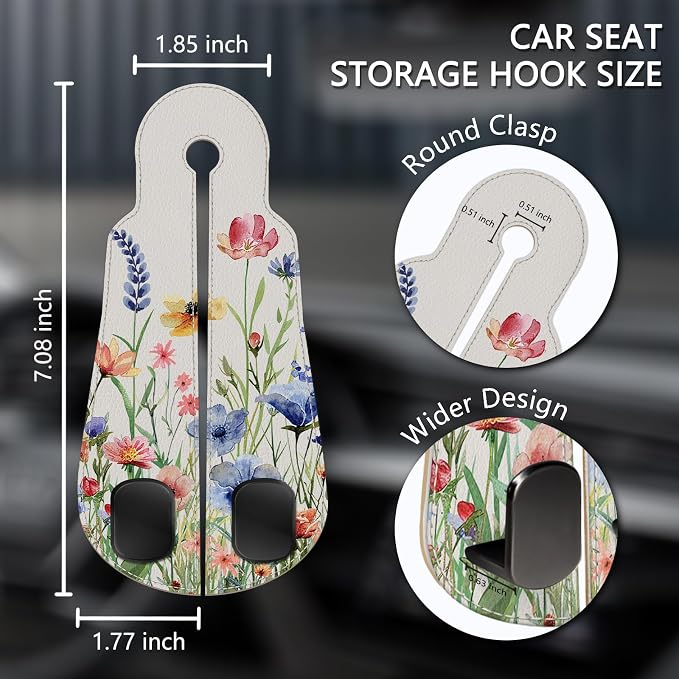 Blusabaca 2PCS Car Seat Back Storage Headrest Hooks, Floral Flowers Purse Holder Bags Hanger, PU Leather Double Metal Hook for Backseat Organizer, Women Car Accessories Organization