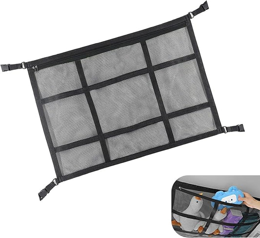 Car Ceiling Cargo Net, 31.5" x 21.7" Adjustable Buckle Heavy Duty Car Roof Storage, Double Layer Mesh Interior Organizer with Zipper, Universal for Cars, SUVs, Trucks