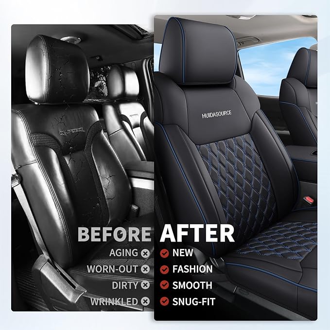 Huidasource Seat Covers for Dodge Ram 2019-2025 RAM 1500 2500 3500 Crew/Mega Cab, Waterproof Ram Leather Seat Covers Full Set, Front & Rear Ram Truck Seat Cushion Covers (Full Set/Black&Blue)
