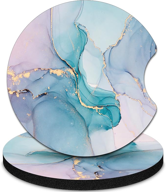 2 Pack Car Coasters，2.75-inch Neoprene Non-Slip Cup Holder Coasters for Car，Cute Car Interior Accessories for Men and Women，Green Marble