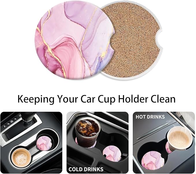 Cup Holder for Car,Pink Gold Liquid Marble Print Ceramic Coasters Non-Slip Cup Holder Insert with Fingertip Grip, Auto Interior Accessories for Women & Men,Pack of 2, 2.56In